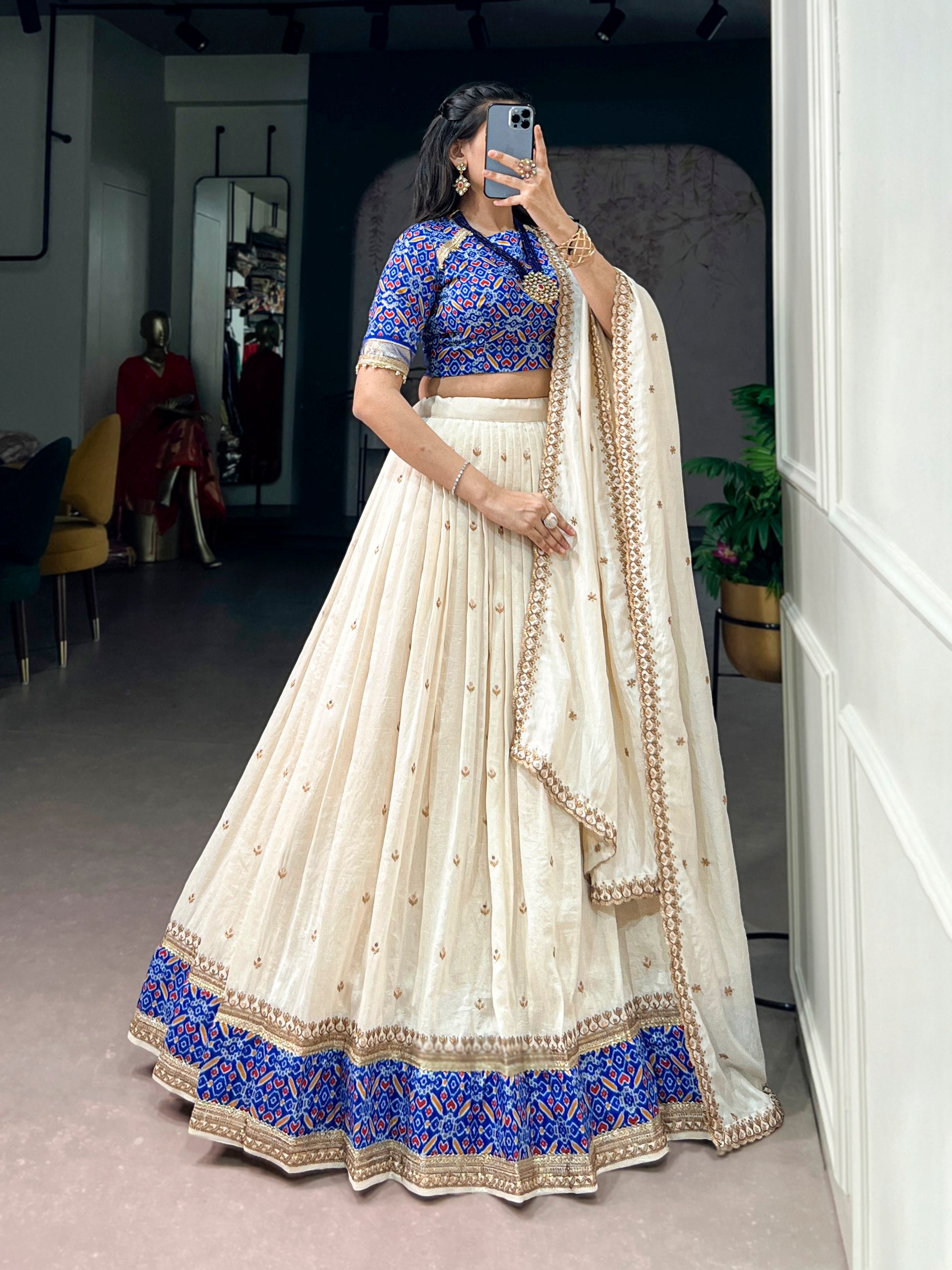 Glamorous Off White Vichitra Silk Sequins Embroidered Work Lehenga Choli Set
