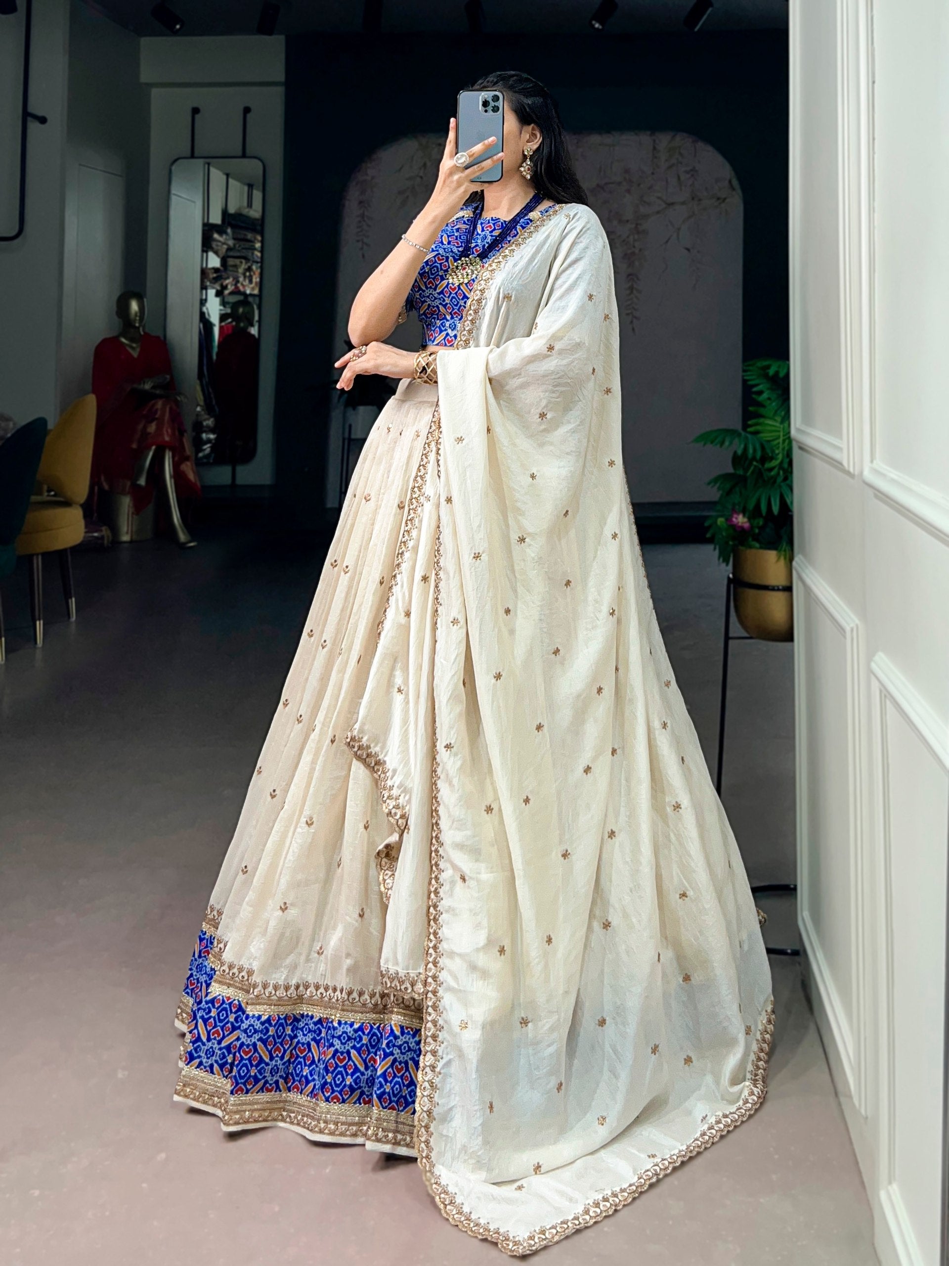 Glamorous Off White Vichitra Silk Sequins Embroidered Work Lehenga Choli Set
