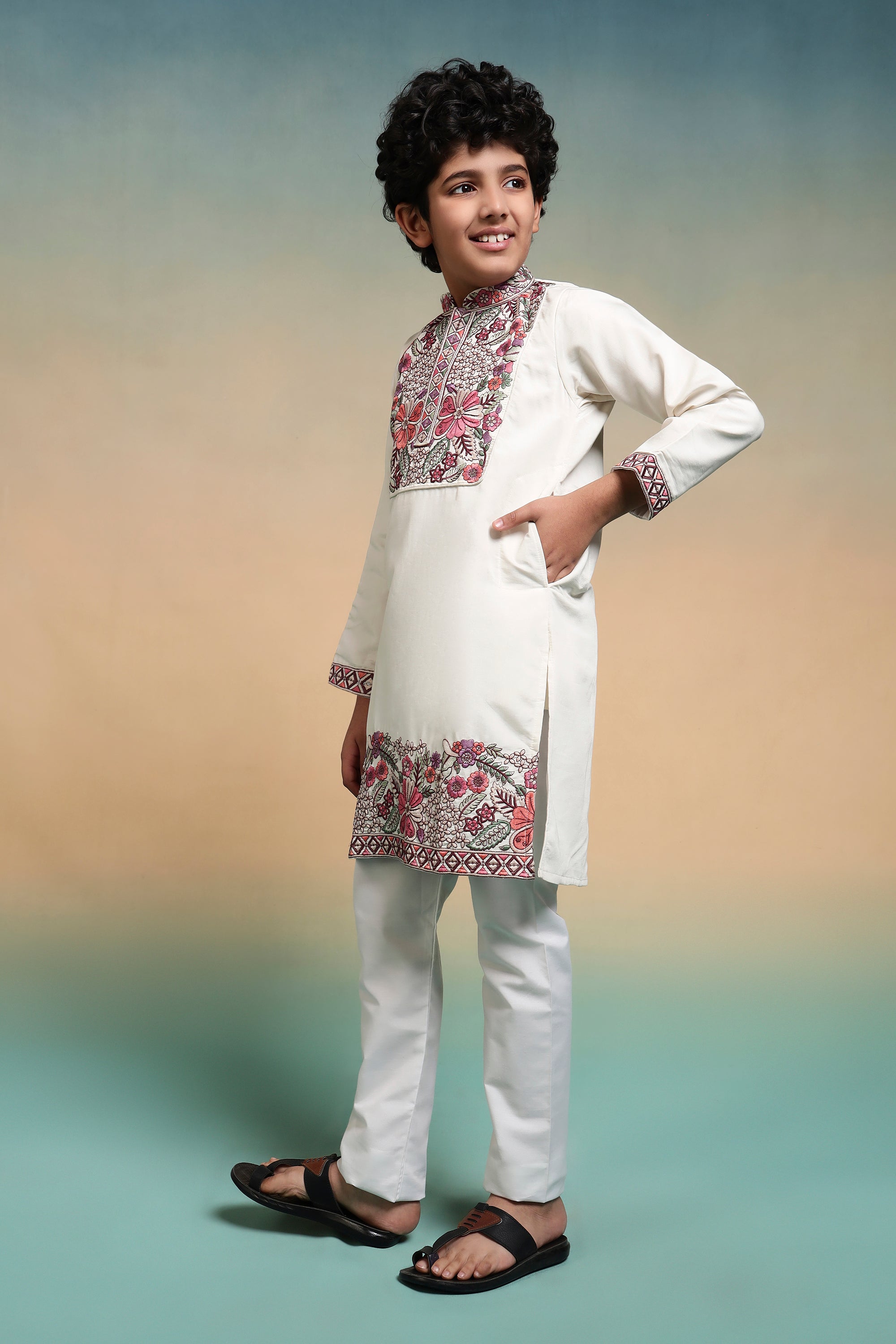 White Embroidered Work Kurta Pant Set For Festive Season