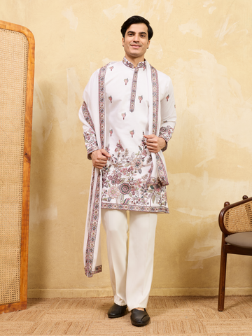 Traditional White Viscose Silk Wedding Kurta and Dupatta for Men
