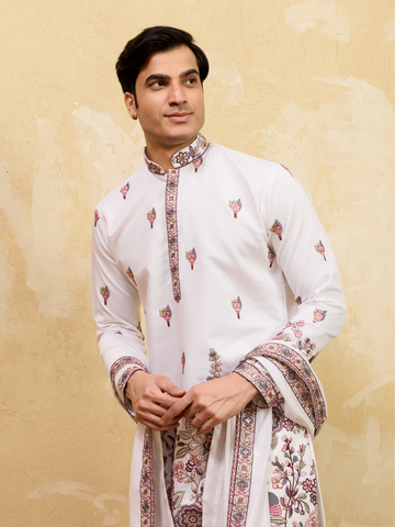 Traditional White Viscose Silk Wedding Kurta and Dupatta for Men
