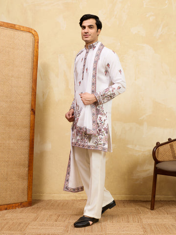 Traditional White Viscose Silk Wedding Kurta and Dupatta for Men