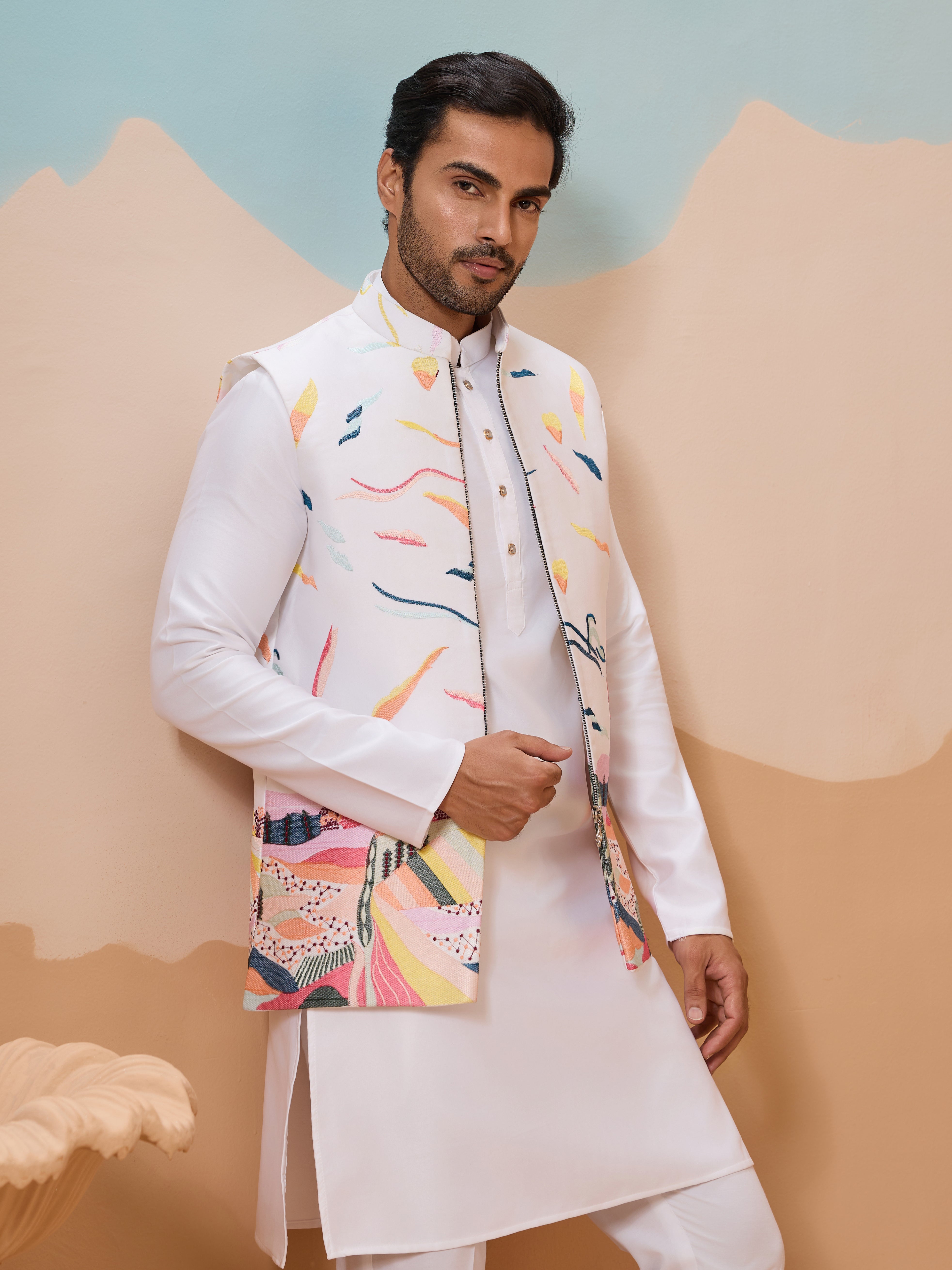 White Wedding Wear Carnival Koti Kurta Pair for Mens Wear