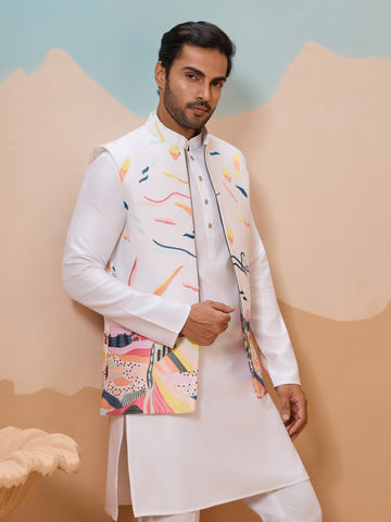 White Wedding Wear Carnival Koti Kurta Pair for Mens Wear
