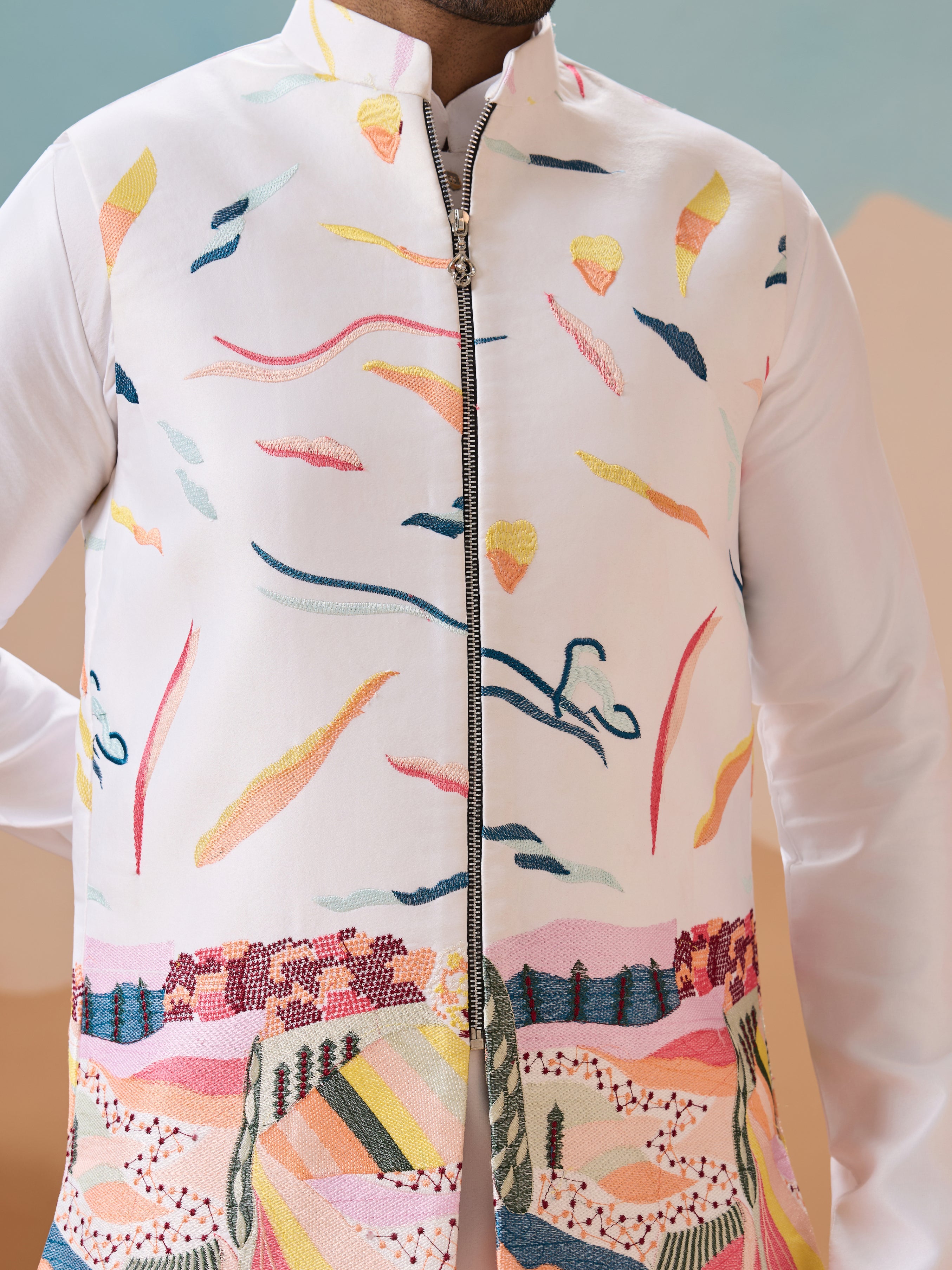 White Wedding Wear Carnival Koti Kurta Pair for Mens Wear