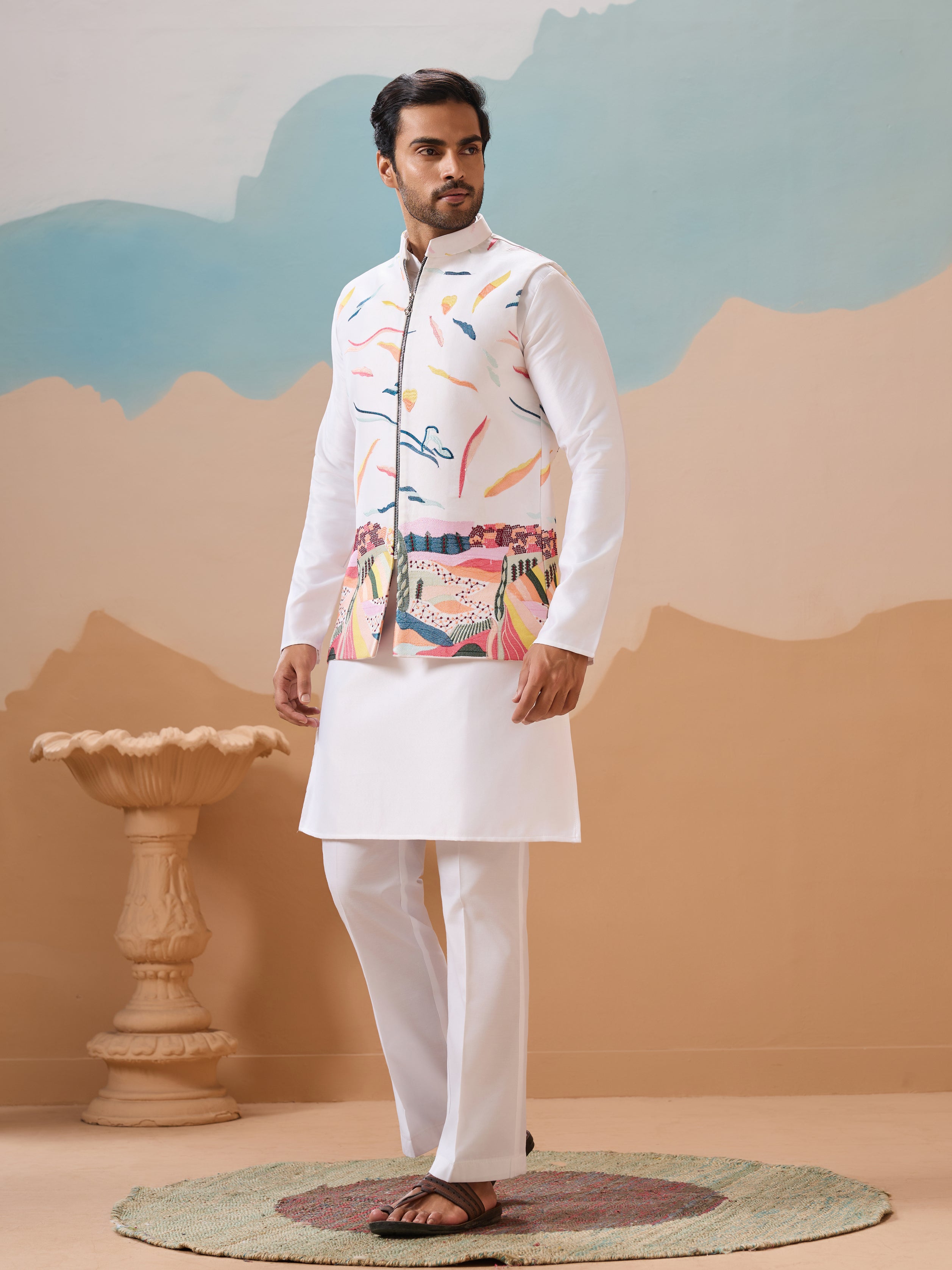 White Wedding Wear Carnival Koti Kurta Pair for Mens Wear
