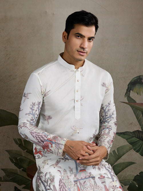 
Designer White Silk printed kurta for men