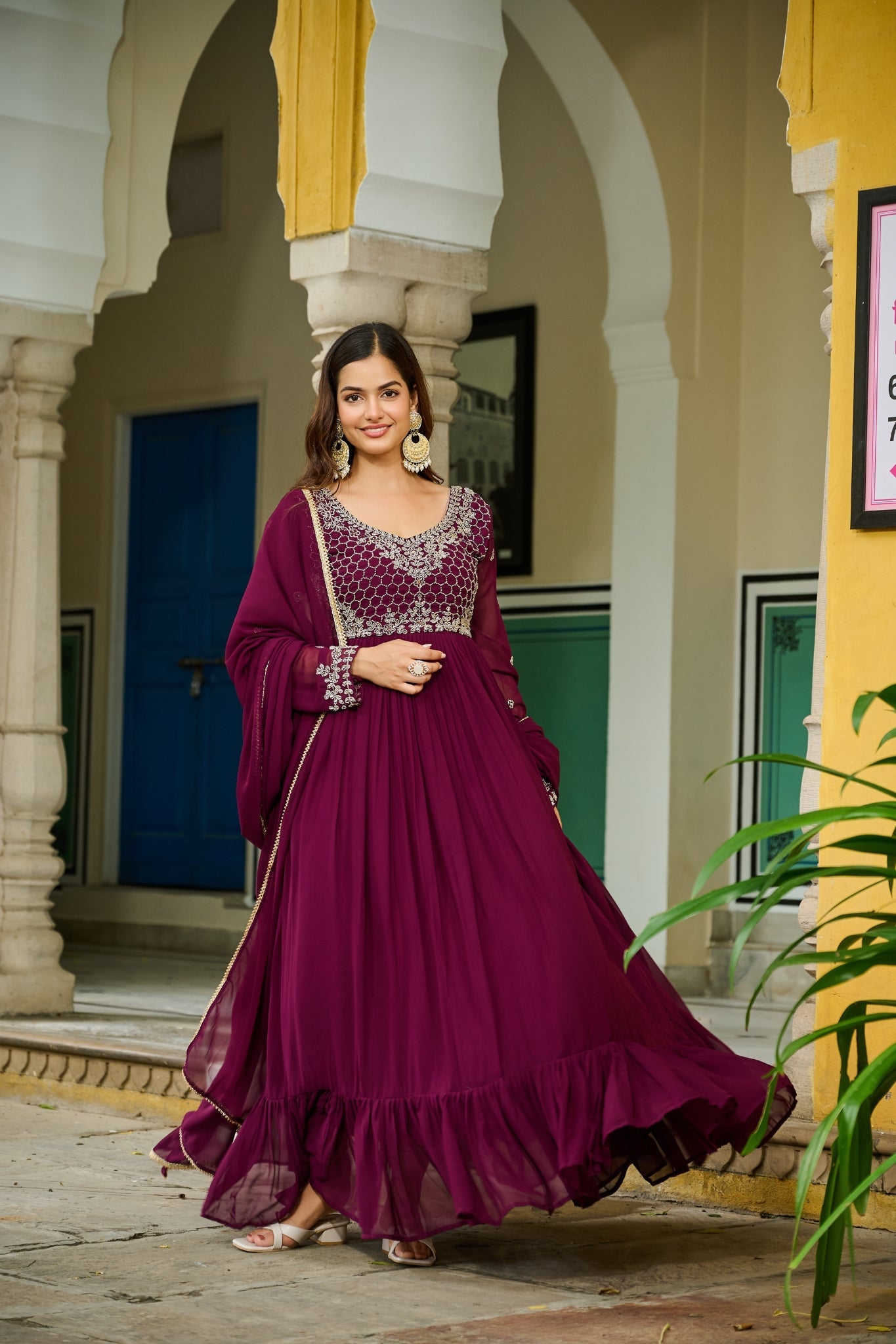 Wine Bloom Elegance The Royal Beaded Designer Gown