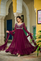 Wine Bloom Elegance The Royal Beaded Designer Gown