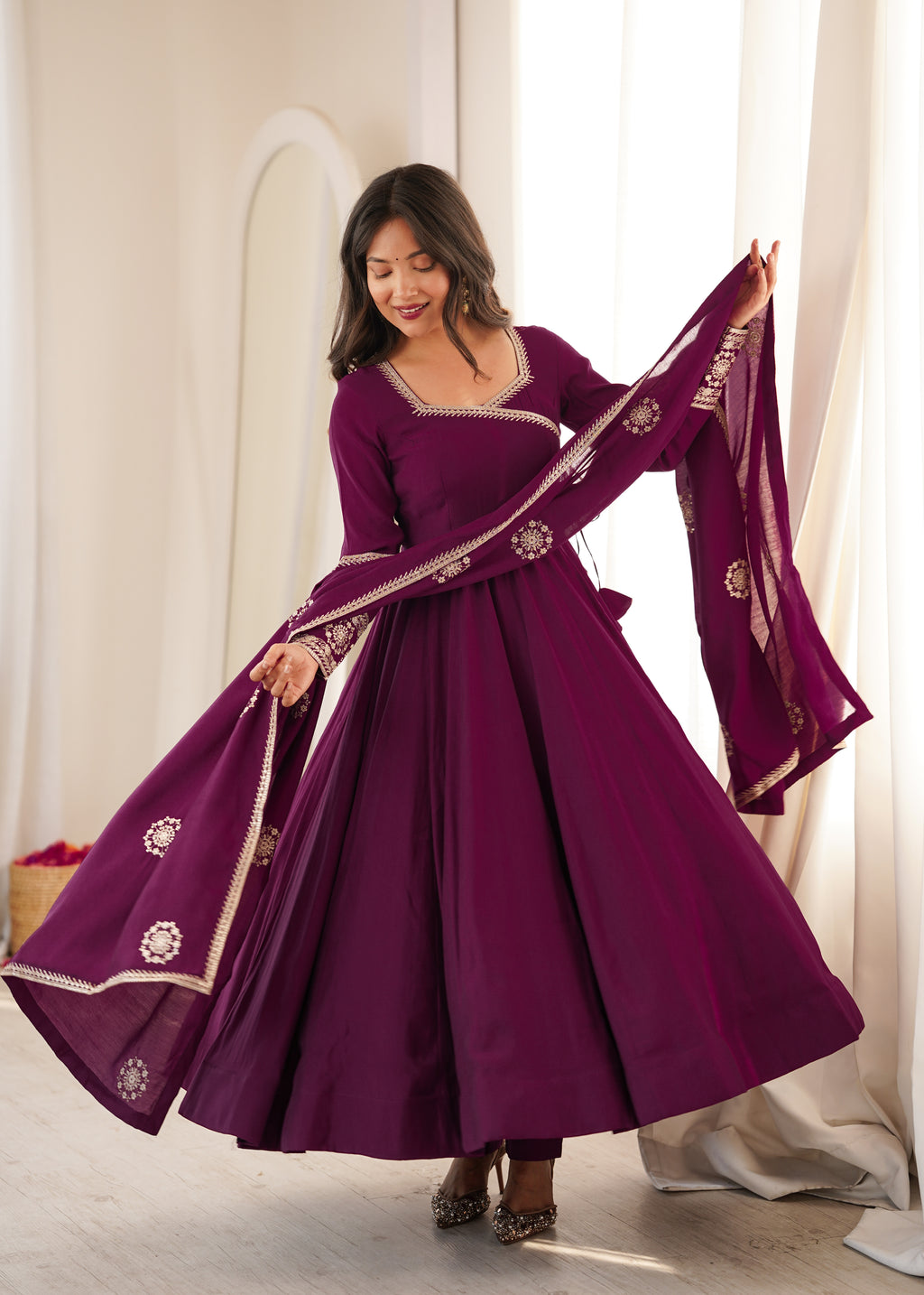Wine Chanderi Silk Fancy Anarkali Set | Tulip Designer
