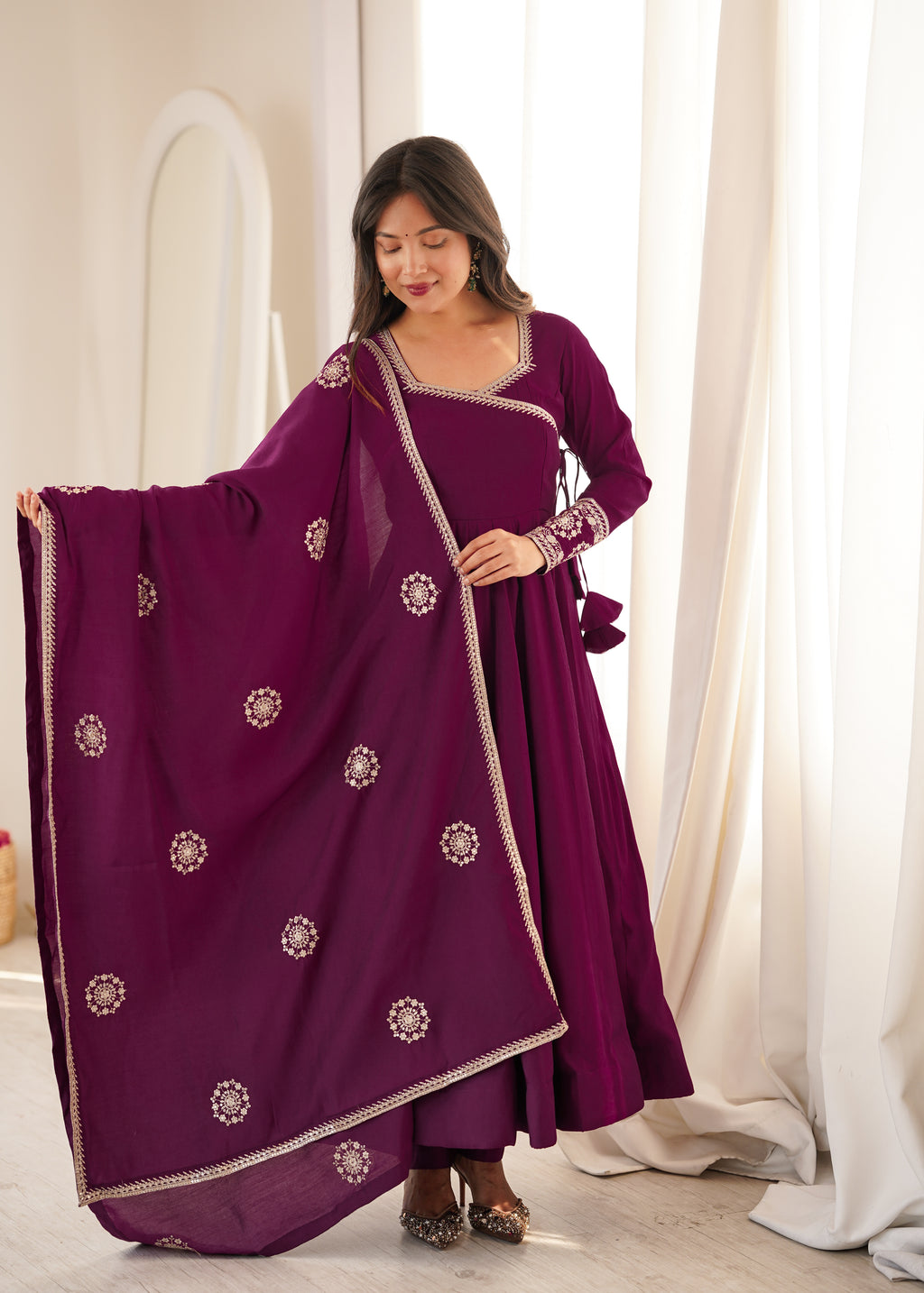 Wine Chanderi Silk Fancy Anarkali Set | Tulip Designer
