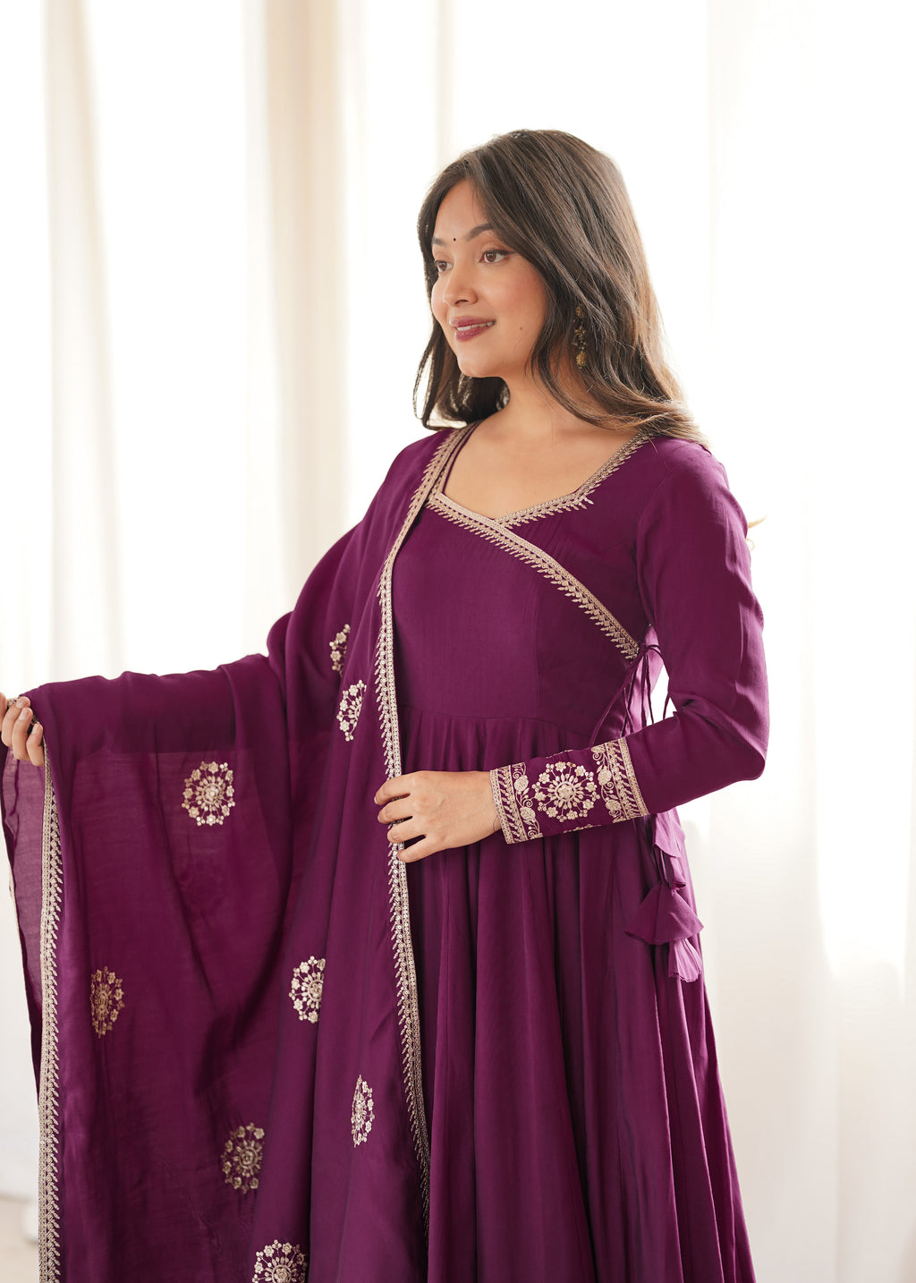 Wine Chanderi Silk Fancy Anarkali Set | Tulip Designer

