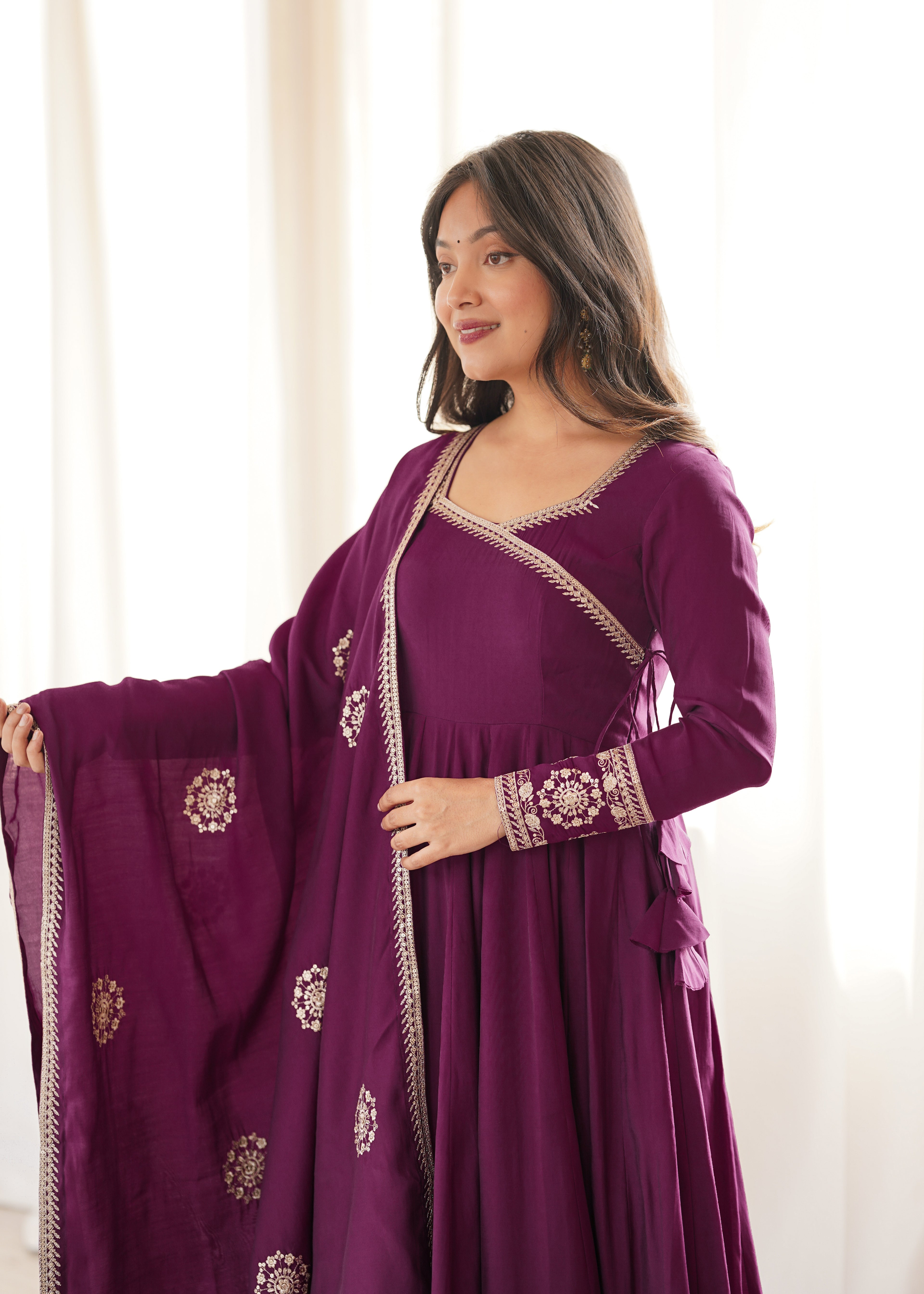 Wine Chanderi Silk Fancy Anarkali Set | Tulip Designer
