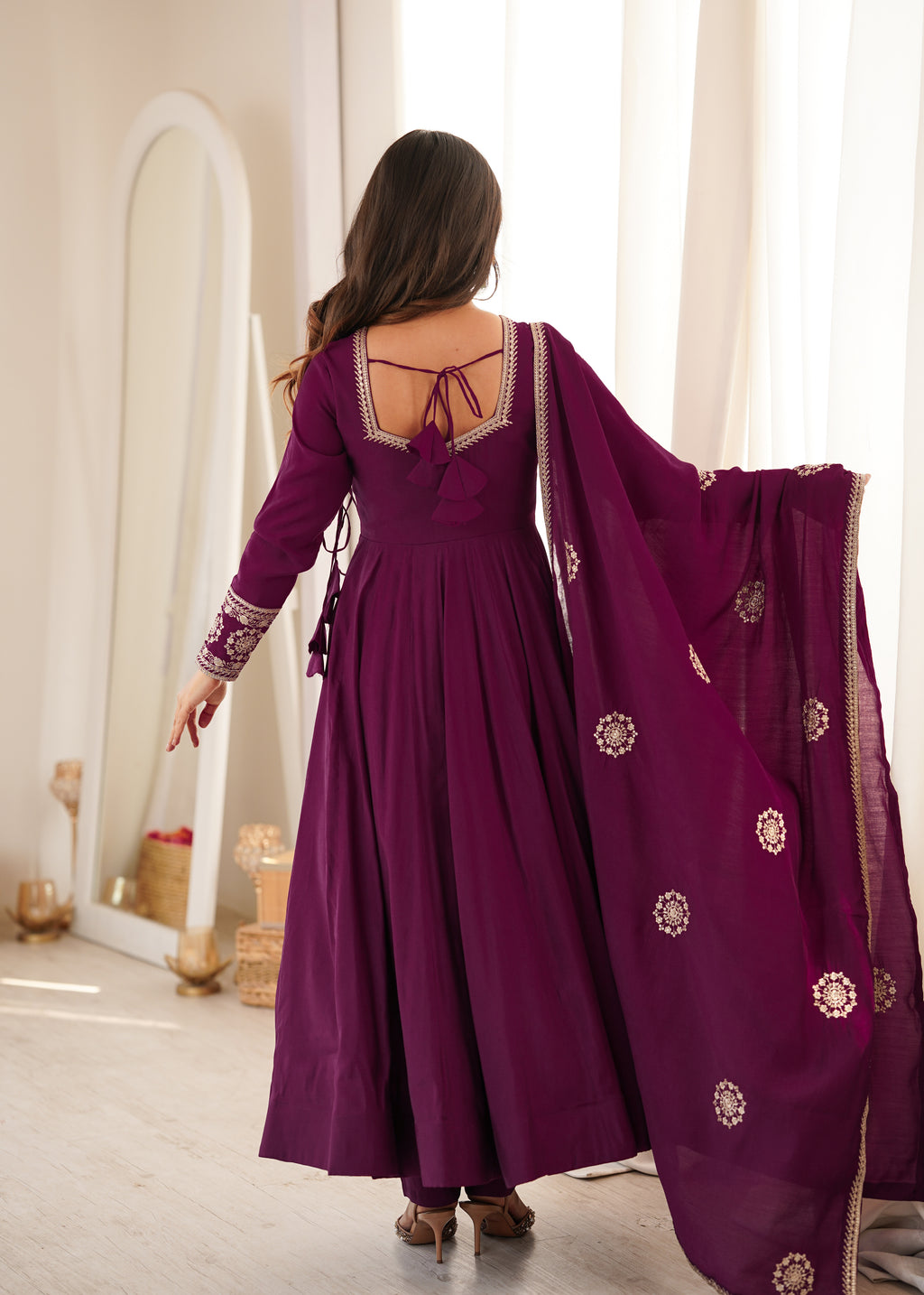 Wine Chanderi Silk Fancy Anarkali Set | Tulip Designer
