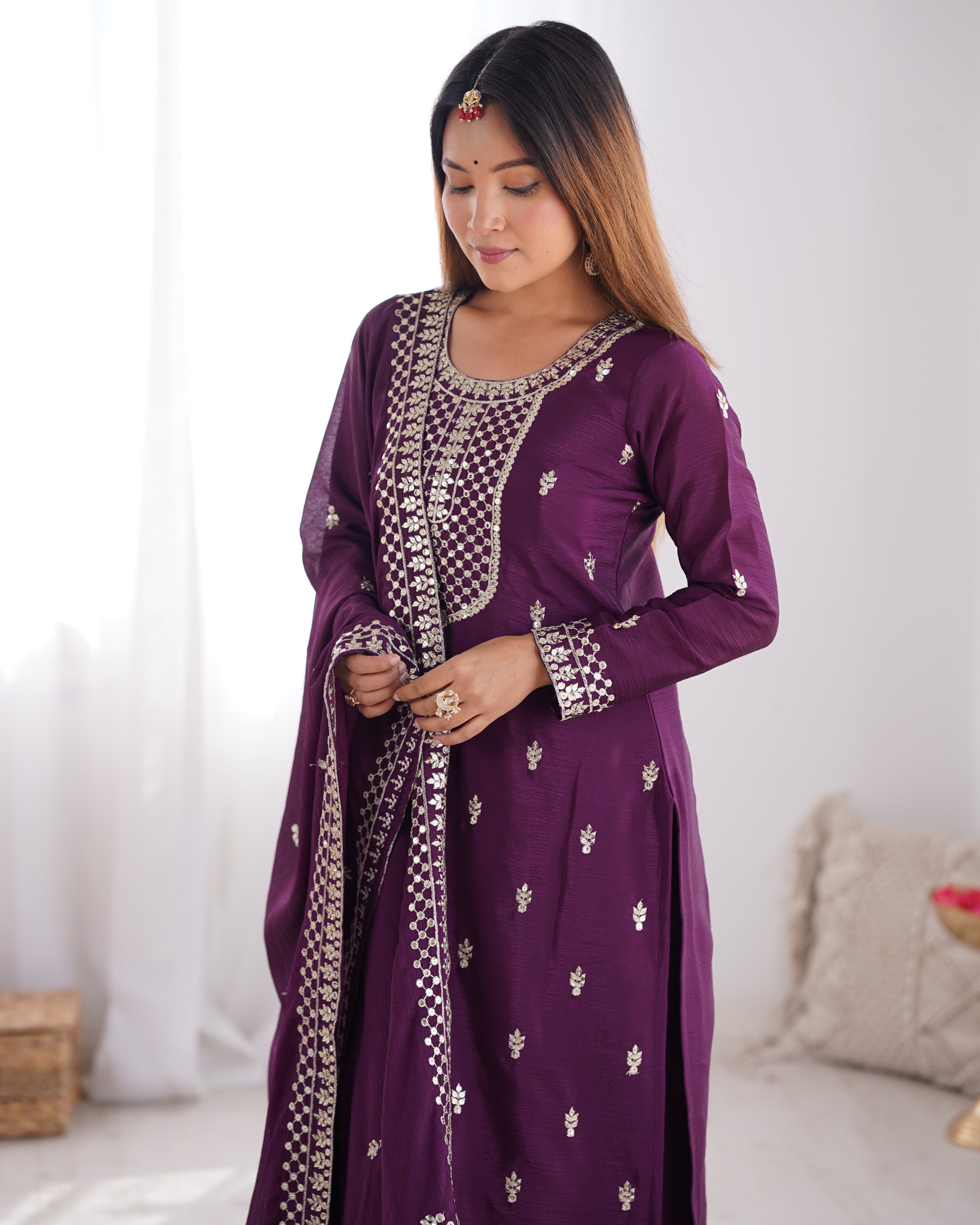 Beautiful Pure Chinon Silk Fabric Straight Fit Kurta, Dupatta With Trouser Set - WINE
