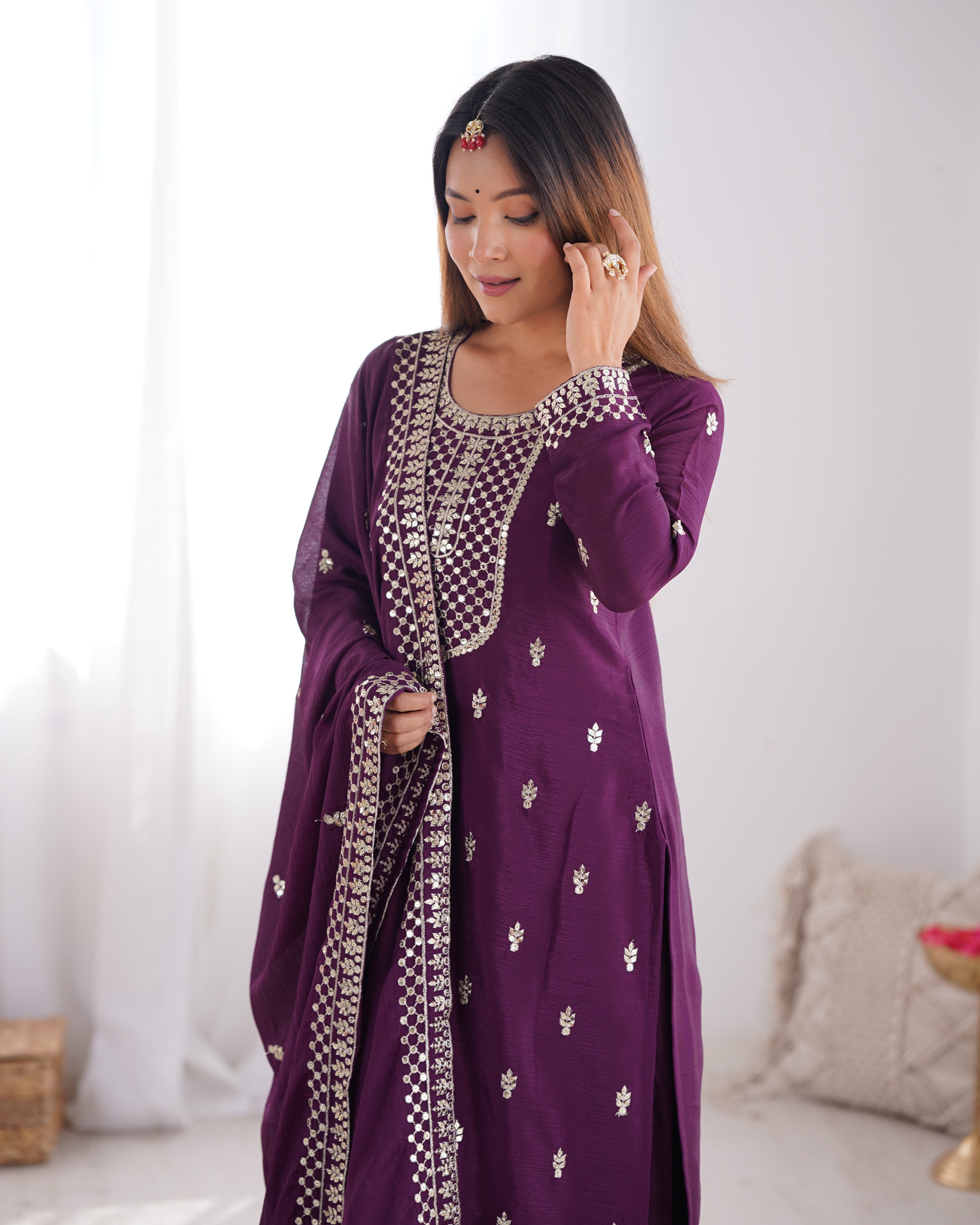 Beautiful Pure Chinon Silk Fabric Straight Fit Kurta, Dupatta With Trouser Set - WINE