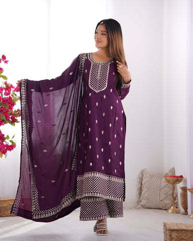 Beautiful Pure Chinon Silk Fabric Straight Fit Kurta, Dupatta With Trouser Set - WINE