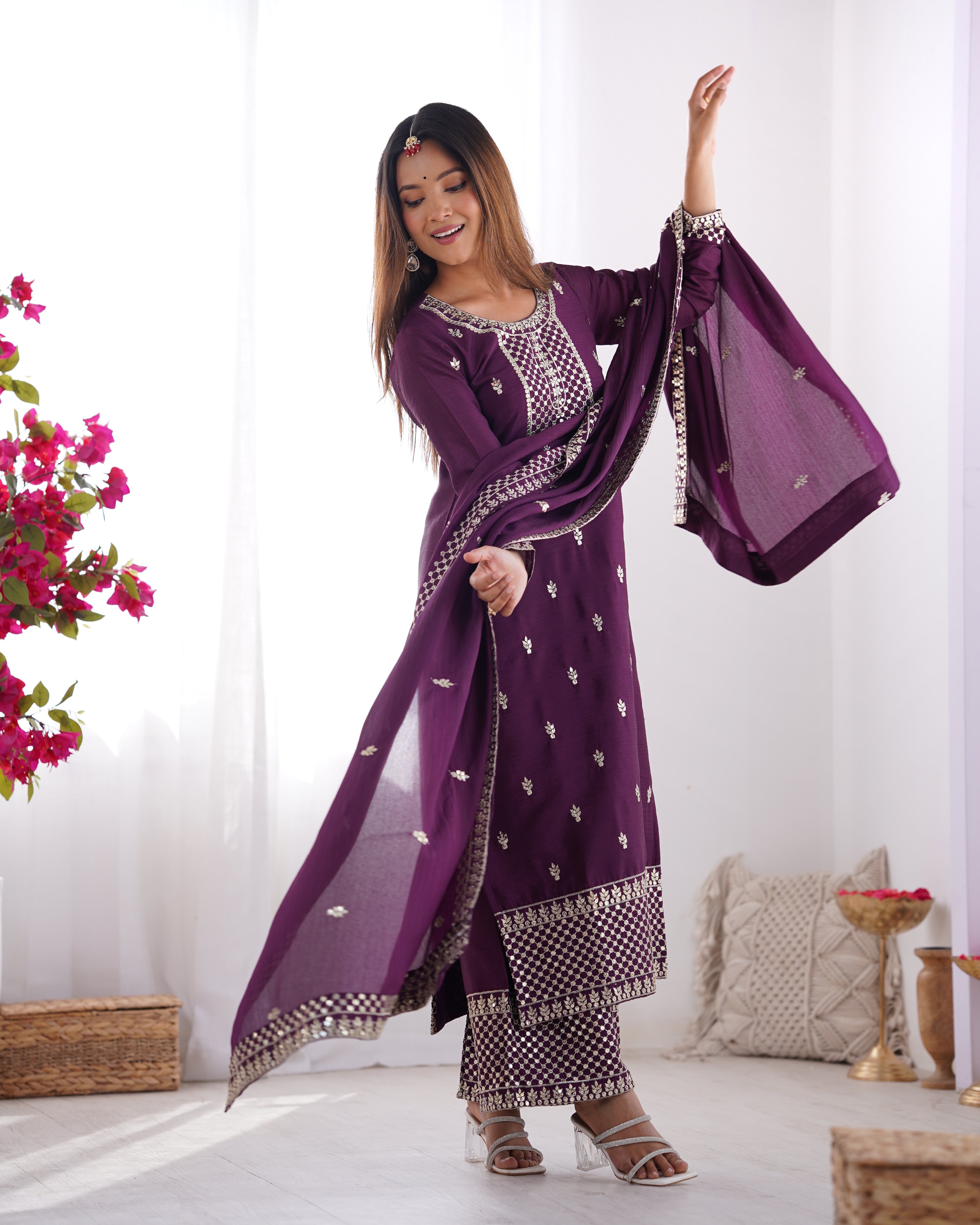 Beautiful Pure Chinon Silk Fabric Straight Fit Kurta, Dupatta With Trouser Set - WINE

