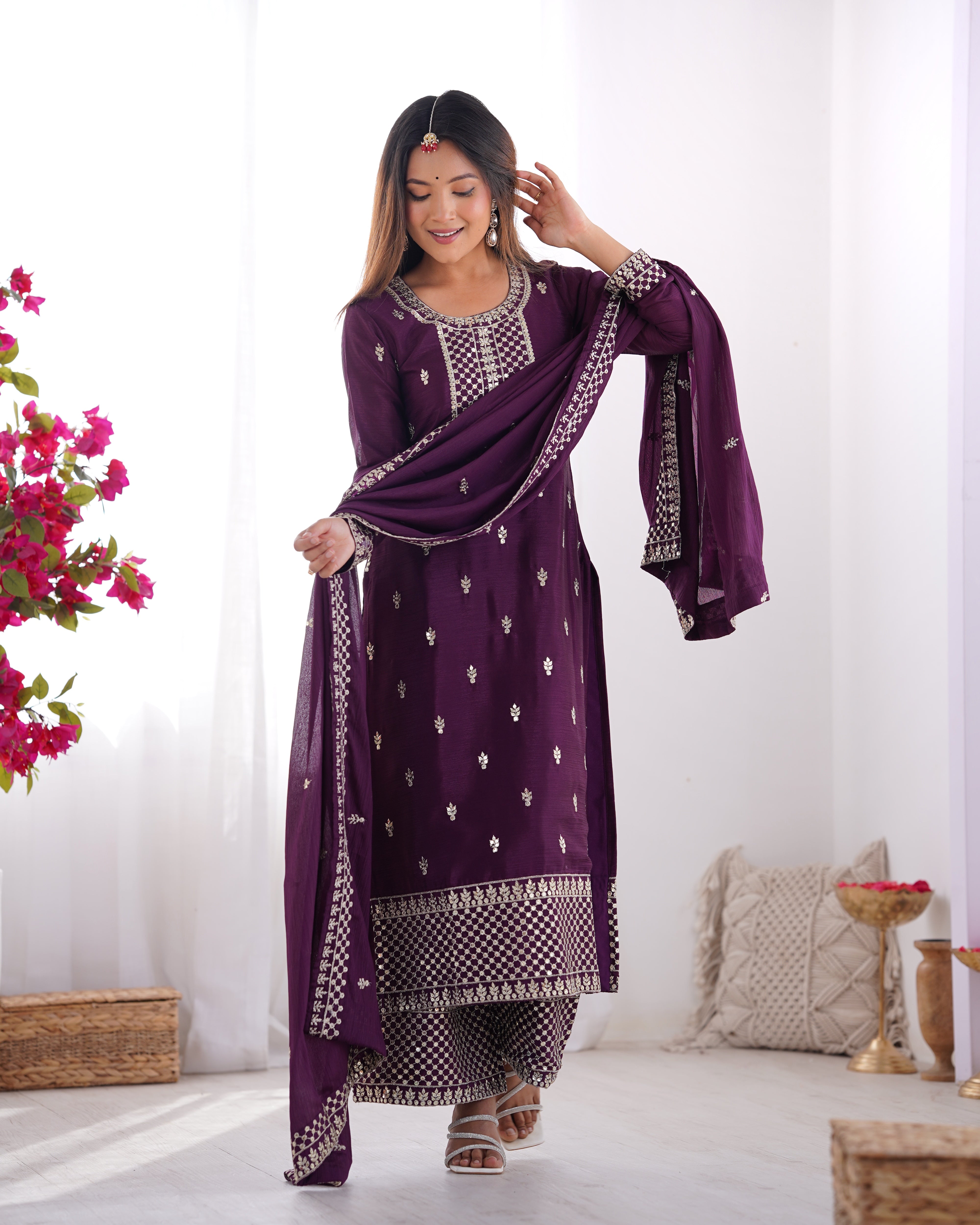 Beautiful Pure Chinon Silk Fabric Straight Fit Kurta, Dupatta With Trouser Set - WINE
