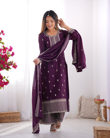 Beautiful Pure Chinon Silk Fabric Straight Fit Kurta, Dupatta With Trouser Set - WINE

