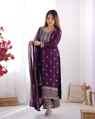 Beautiful Pure Chinon Silk Fabric Straight Fit Kurta, Dupatta With Trouser Set - WINE