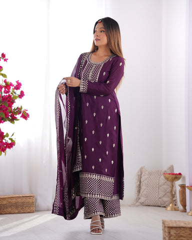 Beautiful Pure Chinon Silk Fabric Straight Fit Kurta, Dupatta With Trouser Set - WINE