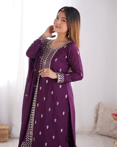 Beautiful Pure Chinon Silk Fabric Straight Fit Kurta, Dupatta With Trouser Set - WINE