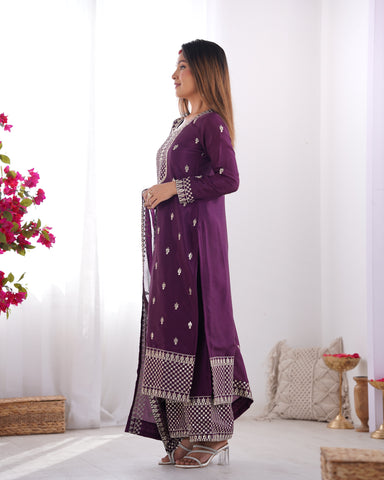 Beautiful Pure Chinon Silk Fabric Straight Fit Kurta, Dupatta With Trouser Set - WINE