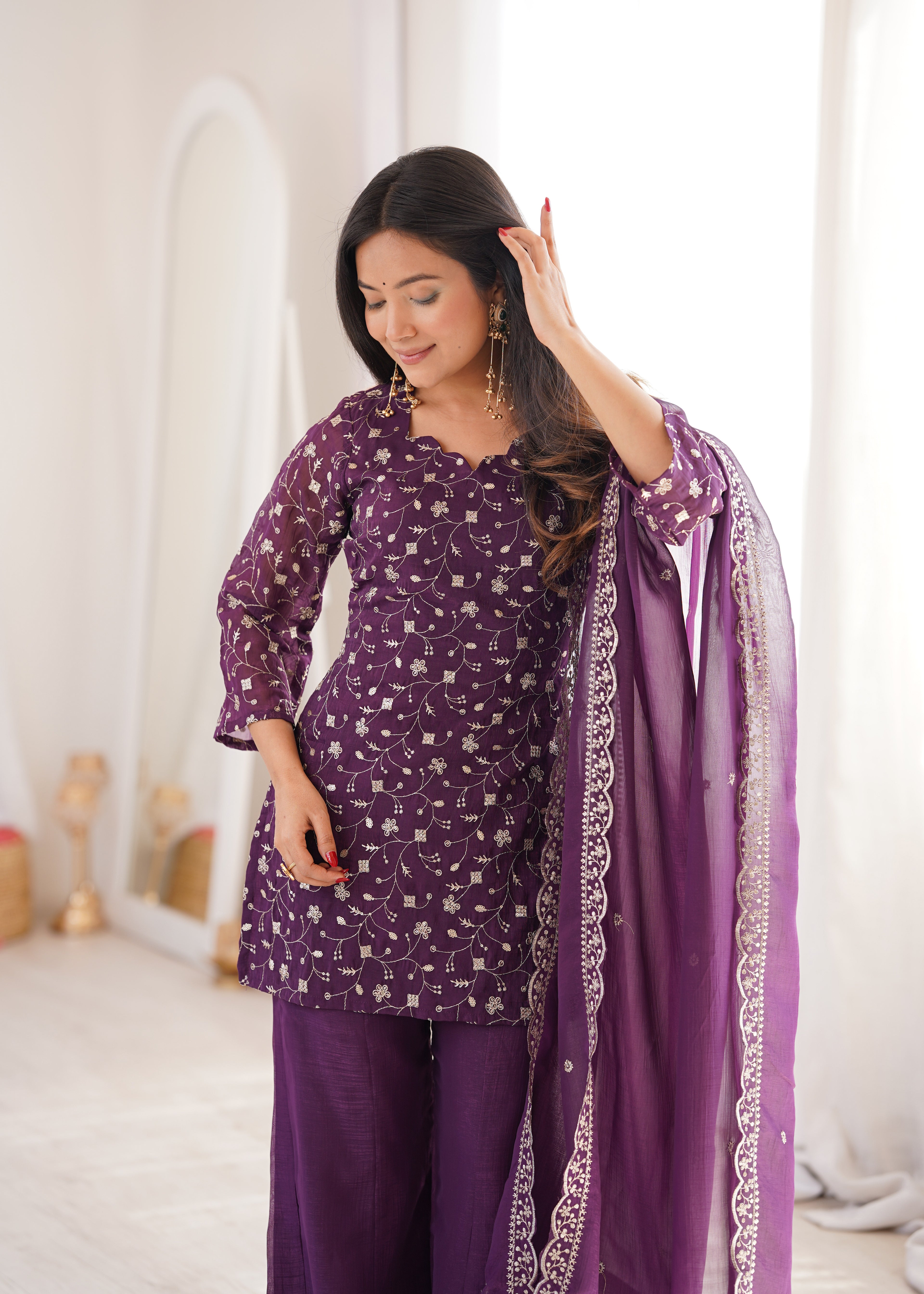 Wine Crunchy Silk Sequence Work Kurta Bell Bottom Suit Set

