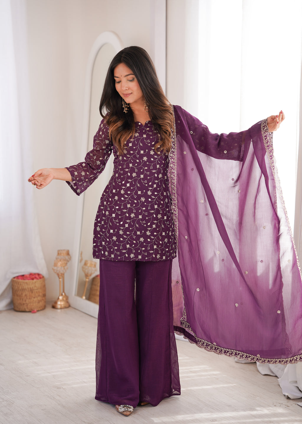 Wine Crunchy Silk Sequence Work Kurta Bell Bottom Suit Set
