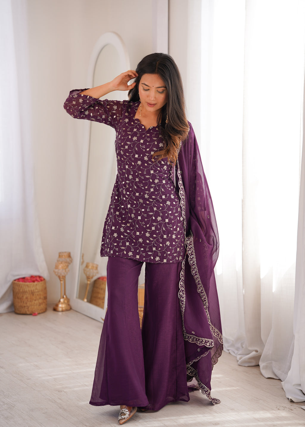 Wine Crunchy Silk Sequence Work Kurta Bell Bottom Suit Set
