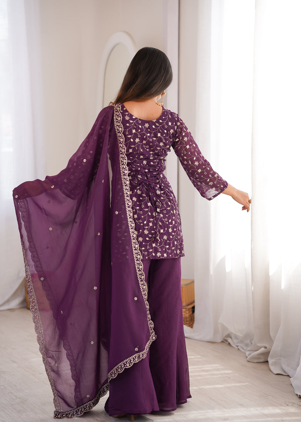 Wine Crunchy Silk Sequence Work Kurta Bell Bottom Suit Set
