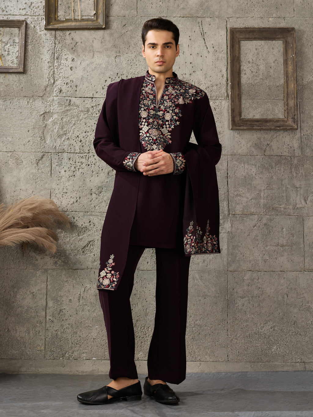 Bold Wine Japanese Lachka Embroidered Kurta Dupatta Set
