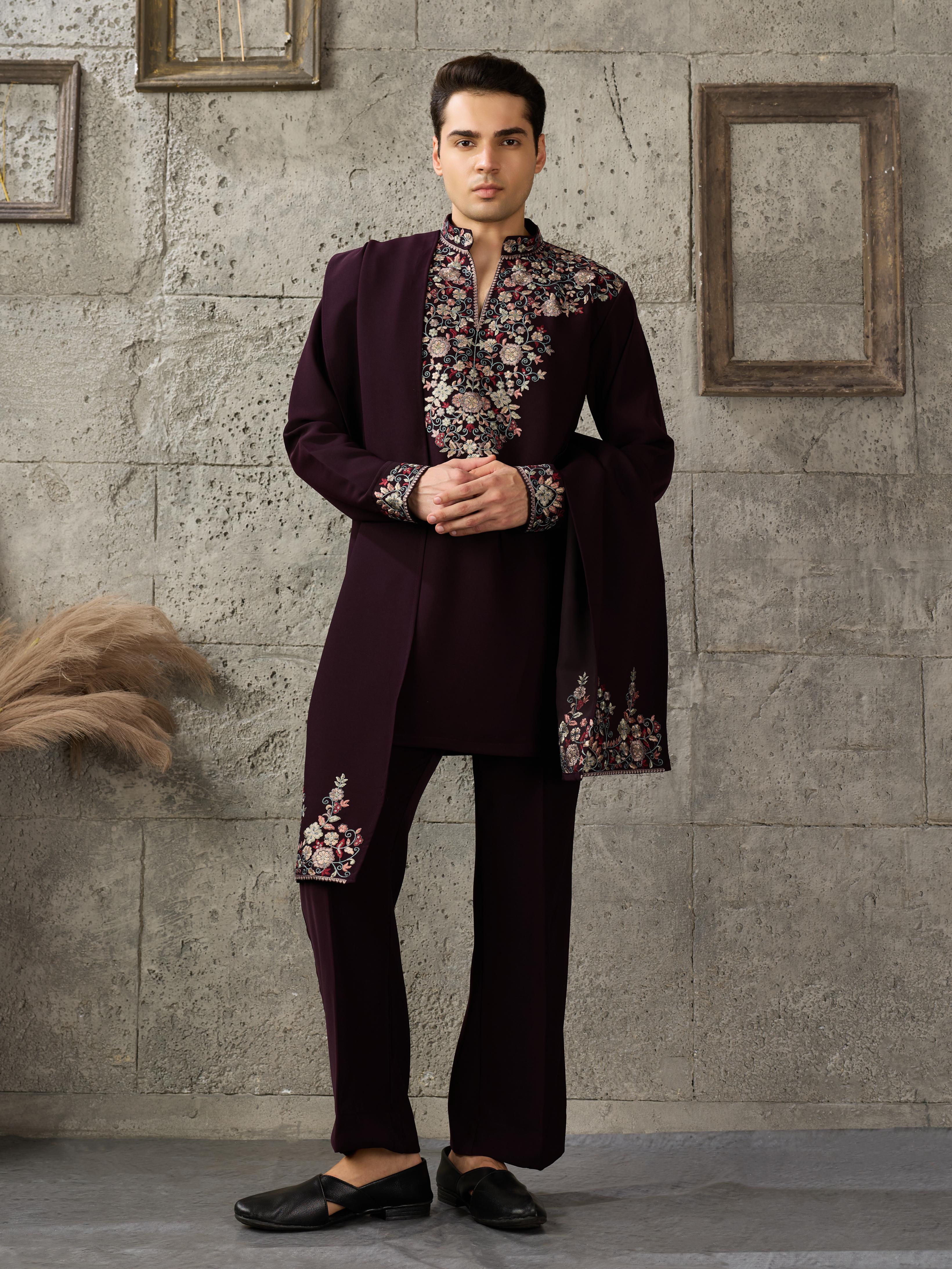 Bold Wine Japanese Lachka Embroidered Kurta Dupatta Set
