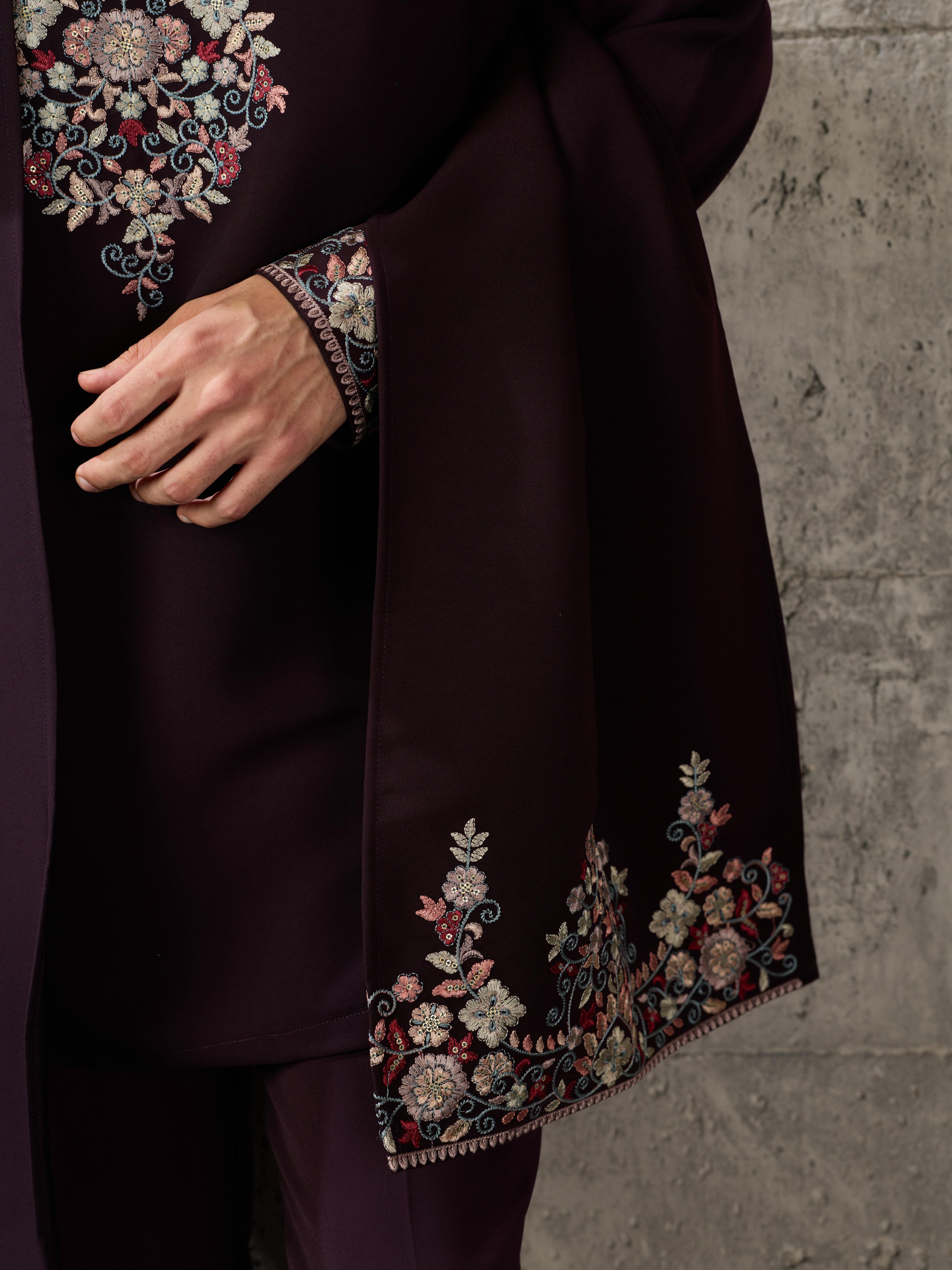 Bold Wine Japanese Lachka Embroidered Kurta Dupatta Set
