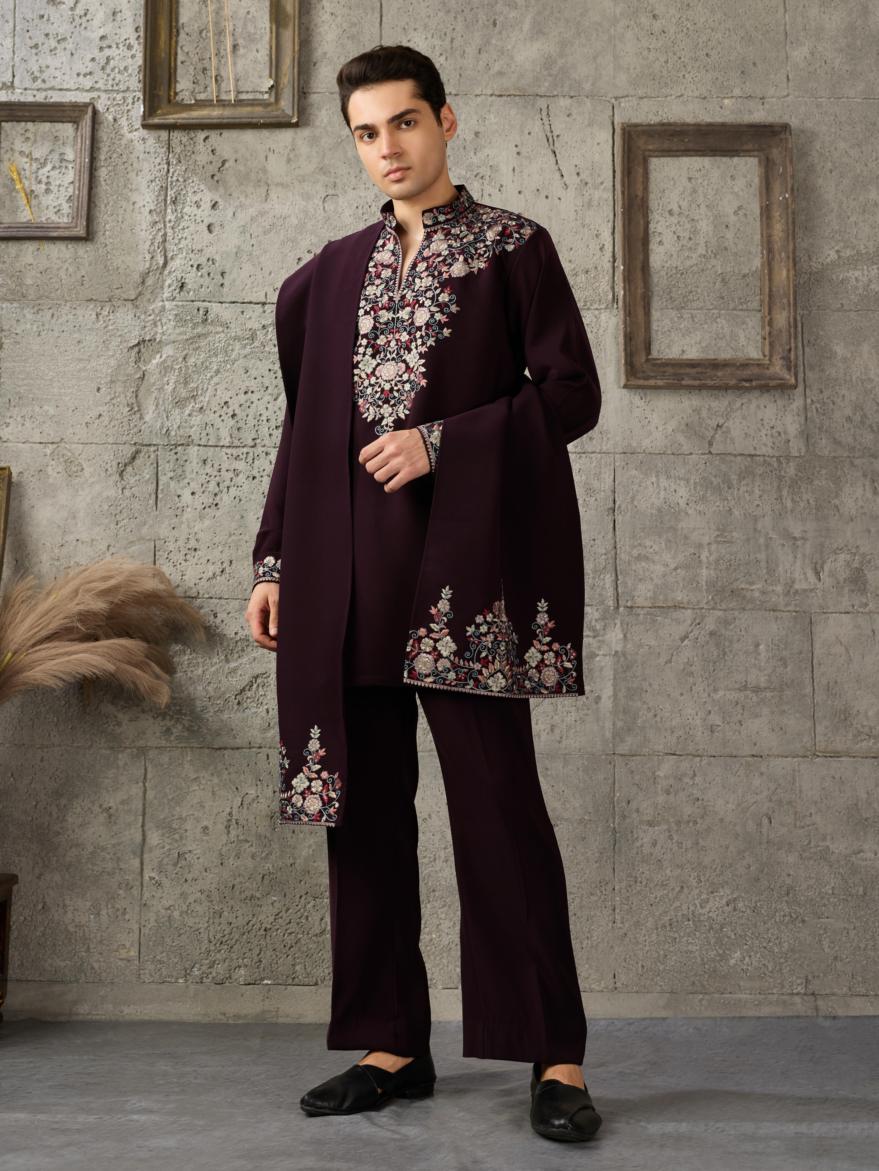 Bold Wine Japanese Lachka Embroidered Kurta Dupatta Set
