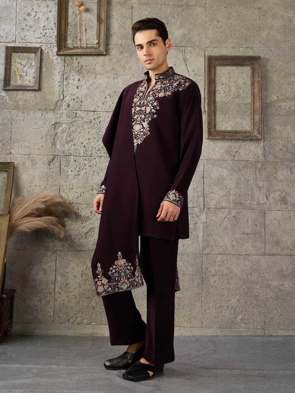 Bold Wine Japanese Lachka Embroidered Kurta Dupatta Set
