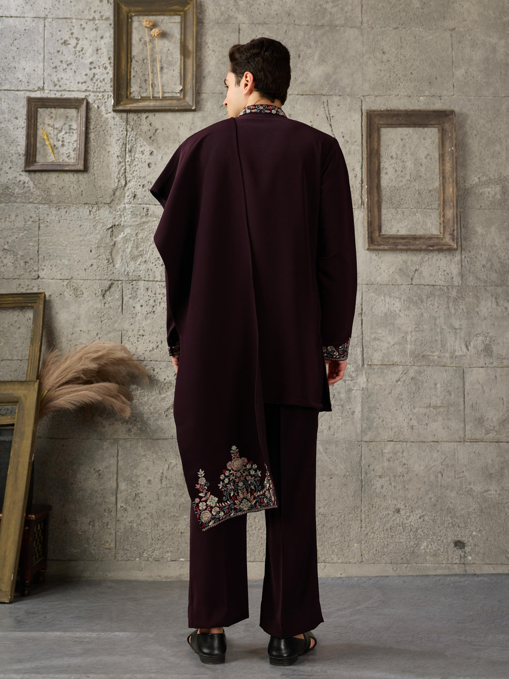 Bold Wine Japanese Lachka Embroidered Kurta Dupatta Set
