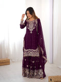 Ethnic Style Wine Faux Georgette Embroidered Sharara Set for Women