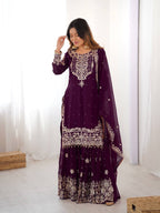 Ethnic Style Wine Faux Georgette Embroidered Sharara Set for Women