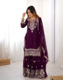 Ethnic Style Wine Faux Georgette Embroidered Sharara Set for Women