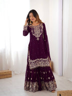 Ethnic Style Wine Faux Georgette Embroidered Sharara Set for Women
