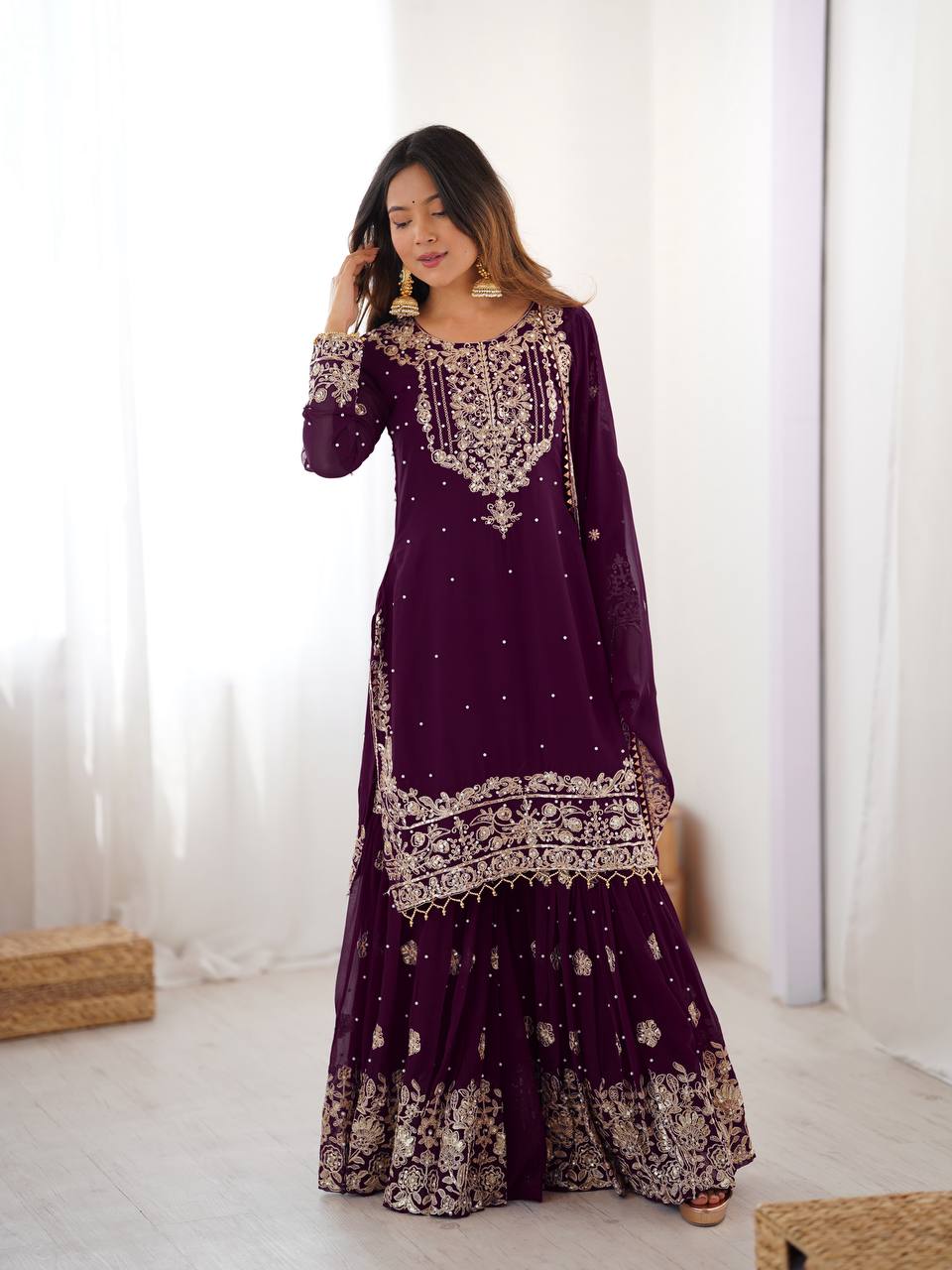 Ethnic Style Wine Faux Georgette Embroidered Sharara Set for Women