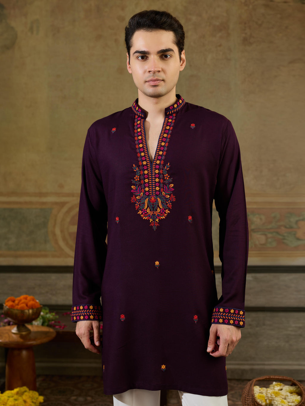 Stylish Wine Rayon V Neck Kurta Set | Tulip Designer
