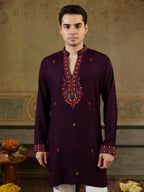 Stylish Wine Rayon V Neck Kurta Set | Tulip Designer

