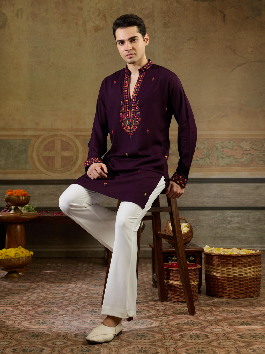Stylish Wine Rayon V Neck Kurta Set | Tulip Designer
