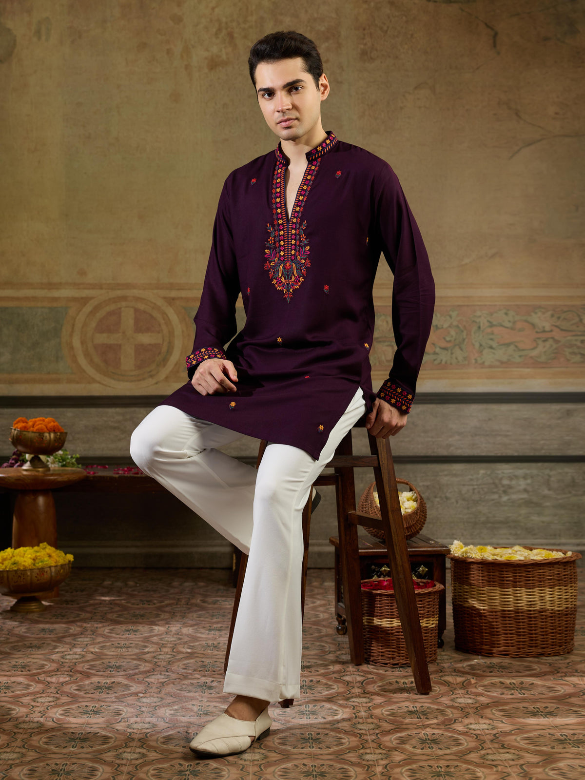 Stylish Wine Rayon V Neck Kurta Set | Tulip Designer
