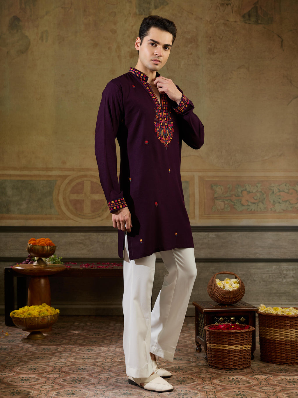 Stylish Wine Rayon V Neck Kurta Set | Tulip Designer
