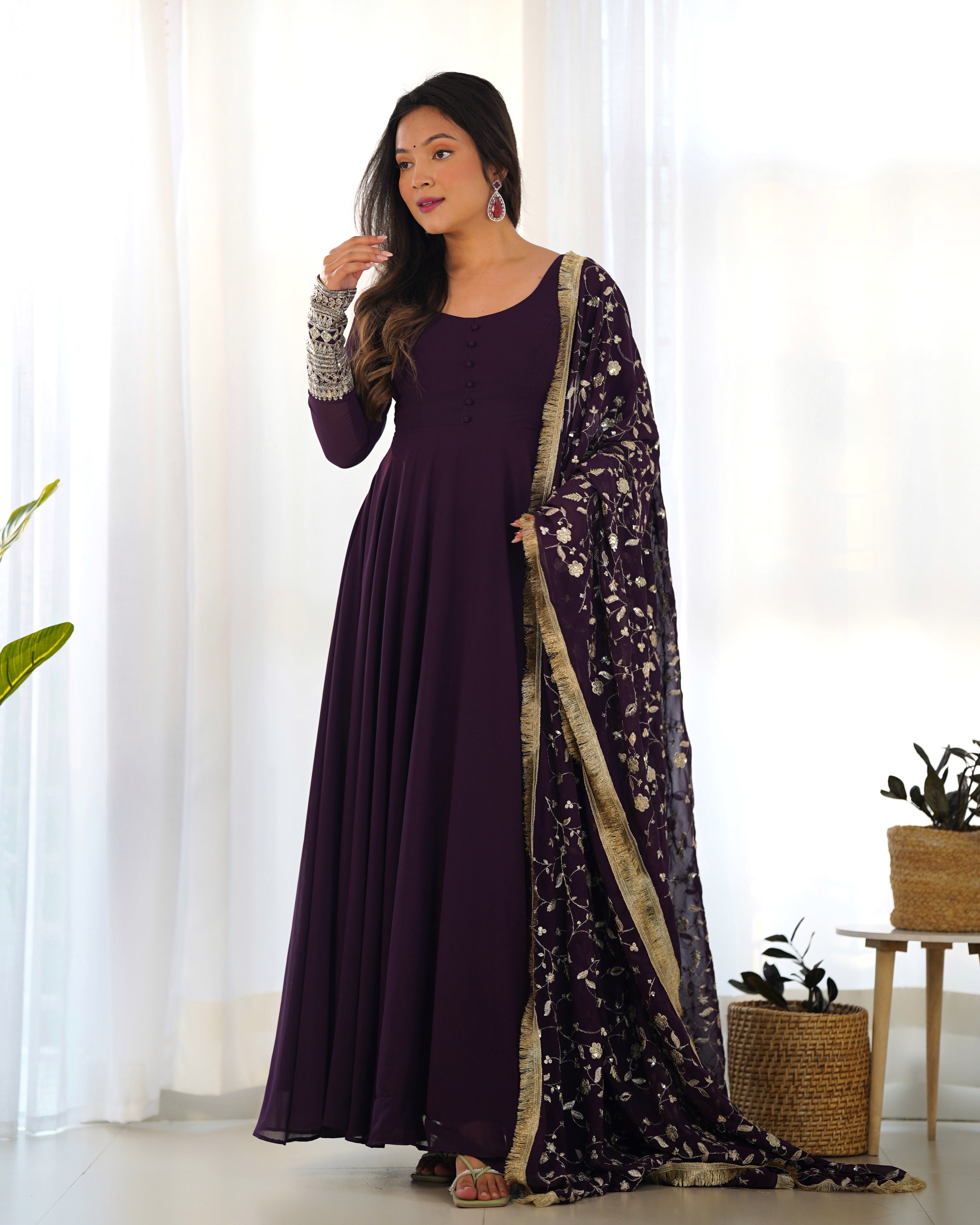
Wine Color Pure Faux Georgette Kurti With Huge Flair Comes With Duppatta & Pant
