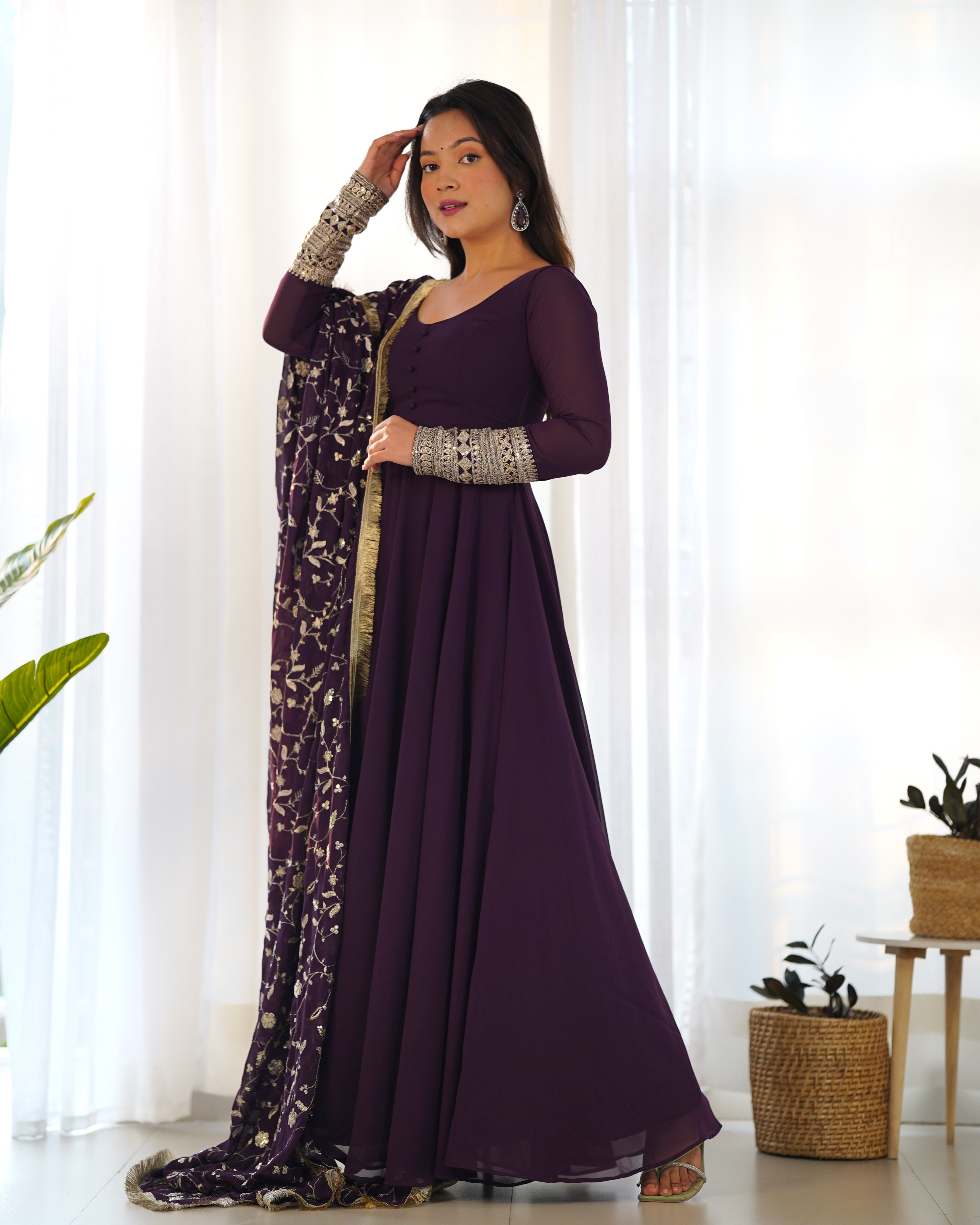 Wine Color Pure Faux Georgette Kurti With Huge Flair Comes With Duppatta & Pant
